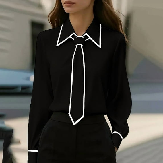 MORTTIC Women's Classic Tie-Neck Blouse with Lapel Long Sleeve Contrast Formal Shirt for Office Wear Black,S