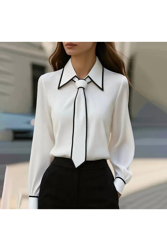 Women's Classic Tie-Neck Blouse with Lapel Long Sleeve Contrast Formal Shirt for Office Wear White,M
