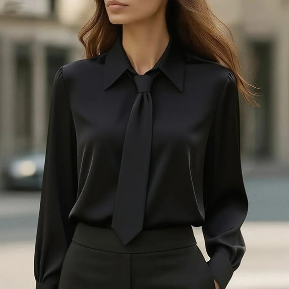 MORTTIC Women's Classic Tie Solid Color Long Sleeve Shirt Lapel Collar Blouse Casual Top for Office Daily Black,M