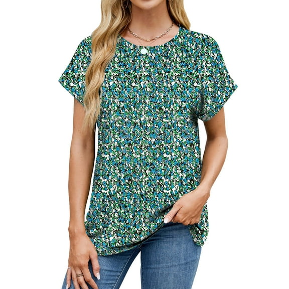 MORTTIC Women's Classical Round Neck Cap Sleeve Tunic Dressy Casual Floral Print Blouse for Summer and Everyday Comfort