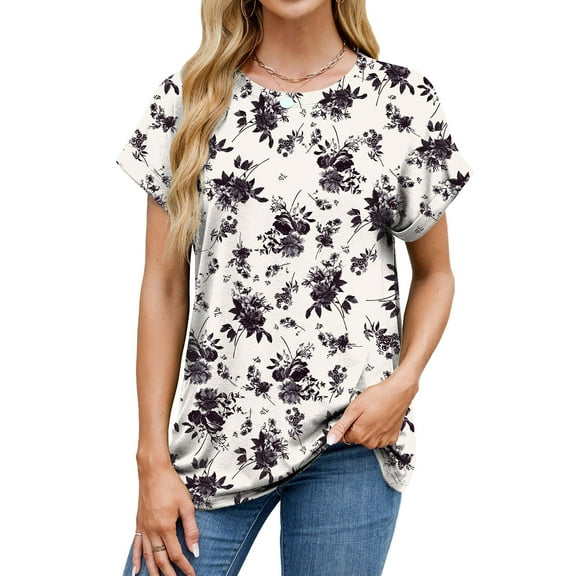 MORTTIC Women's Classical Round Neck Cap Sleeve Tunic Dressy Casual Floral Print Blouse for Summer and Everyday Comfort