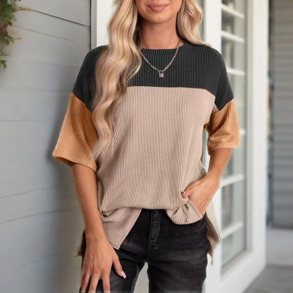 MORTTIC Women's Color Block Casual T-Shirt Short Sleeve Crewneck Knitted Loose T-Shirt Top for Spring and Summer, L