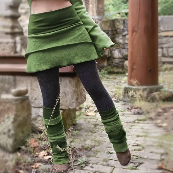 MORTTIC Women's Color Block Paneled Irregular Hem Leggings with Skirt Spring Fall Comfort Pants Green,XXL