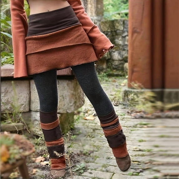 MORTTIC Women's Color Block Paneled Irregular Hem Leggings with Skirt Spring Fall Comfort Pants Orange，S