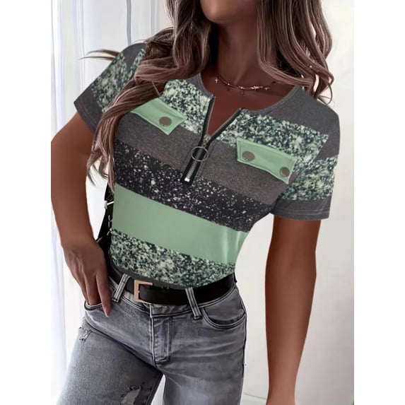 MORTTIC Women's Color Block Zipper T-Shirt, Casual Short Sleeve Summer Top, XL