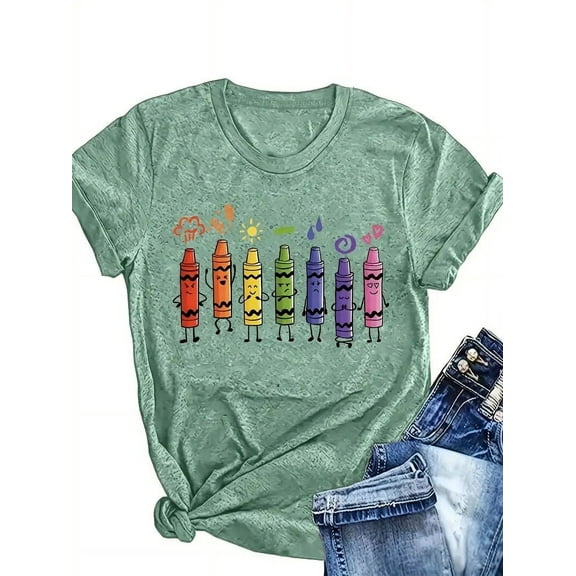 MORTTIC Women's Colorful Crayon Graphic T-Shirt Casual Crew Neck Short Sleeve Summer Tee Top