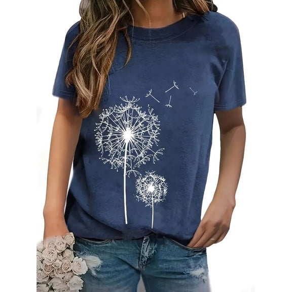 MORTTIC Women's Dandelion Print Graphic T-Shirt, Cute Short Sleeve Summer Tee Top for Casual Wear, Blue, L