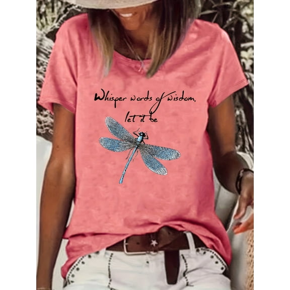 MORTTIC Women's Dragonfly Graphic T-Shirt Letter Print Short Sleeve Loose Casual Summer Top, Pink, S