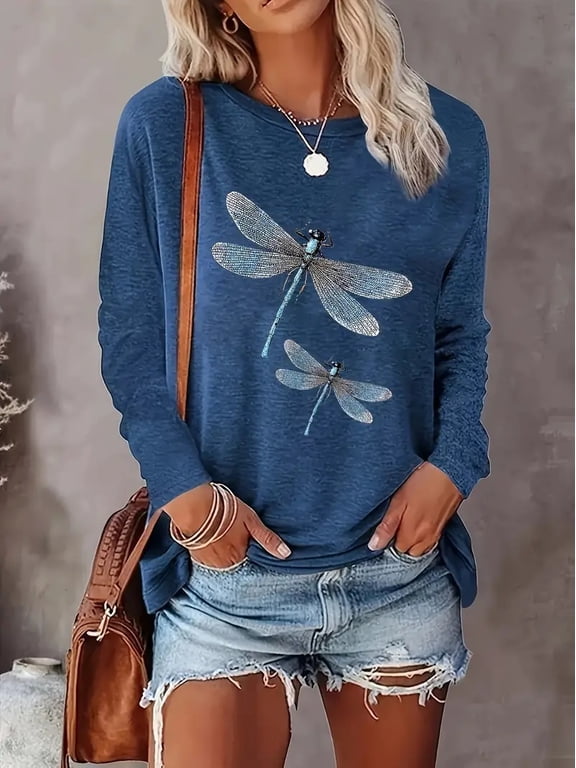 Women's Dragonfly Print Crew Neck T-Shirt Casual Long Sleeve Top for Spring and Fall