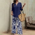 thumbnail image 1 of MORTTIC Women's Elegant 2-Piece Set - Long Sleeve V-Neck Blouse with Button Detail & Tropical Leaf Print Flowy Pants, 1 of 5