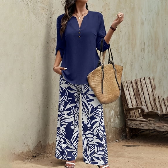 MORTTIC Women's Elegant 2-Piece Set - Long Sleeve V-Neck Blouse with Button Detail & Tropical Leaf Print Flowy Pants