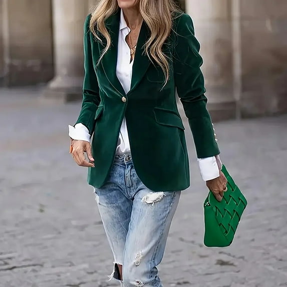 MORTTIC Women's Elegant Blazer - Single Button Long Sleeve Jacket, Spring/Fall Office & Casual Wear Green M