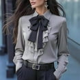 thumbnail image 1 of MORTTIC Women's Elegant Blouse with Black Bow Tie Long Sleeve Ruffle Office Shirt For Spring Fall Gray，XXL, 1 of 4