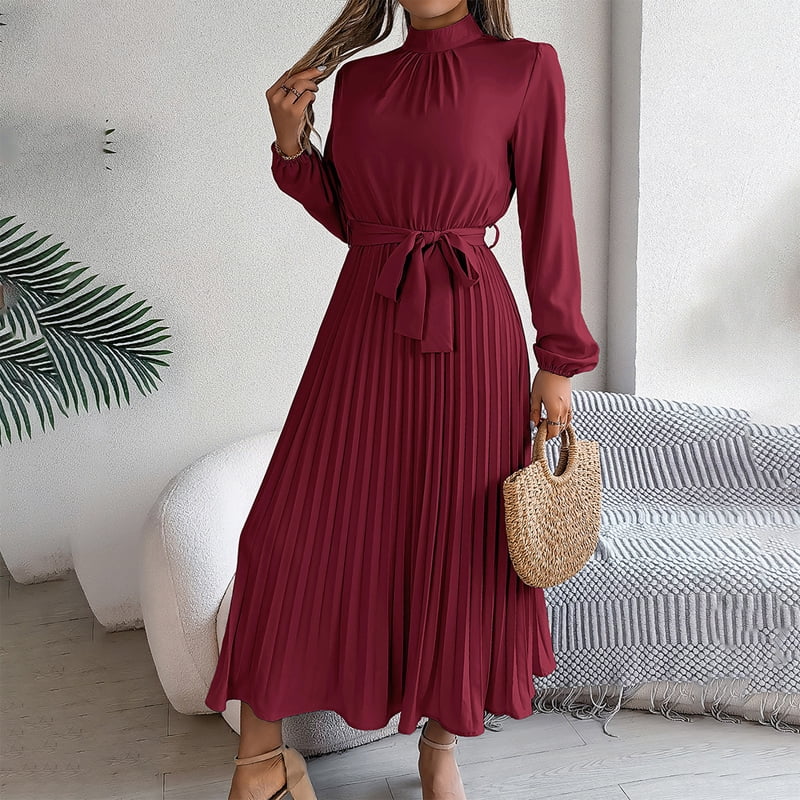 chinese dress ladies Anna-Kaci Women's Short Sleeve V-Neck Solid Color Elegant Belted Pleat –  ALILANG.COM main image 1