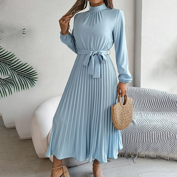 MORTTIC Women's Elegant High Neck Long Sleeve Belted Pleated Maxi Dress - Solid Color Flowy Office Dress for Spring & Fall