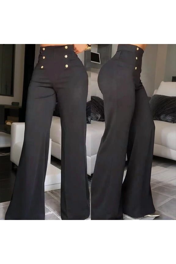 Women's Elegant High-Waist Wide Leg Pants with Double Breasted Buttons Casual or Formal Wear Black，XL