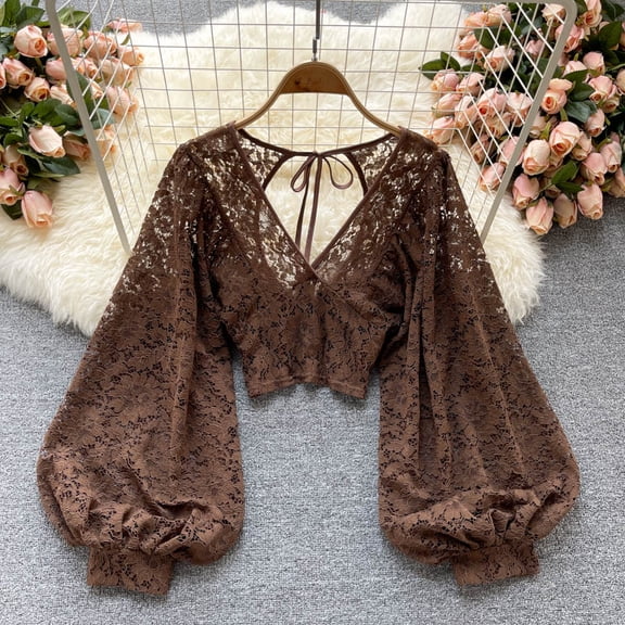 MORTTIC Women's Elegant Lace Top V-Neck Lantern Long Sleeve See-Through Blouse with Back Tie Detail Brown，One Size