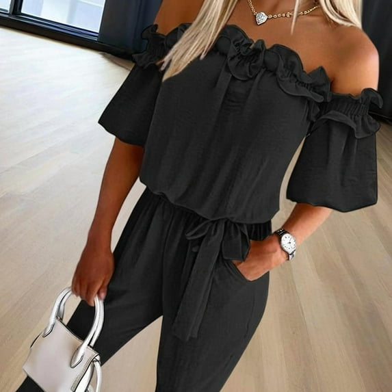 MORTTIC Women’s Elegant Off-Shoulder Ruffle Sleeve Jumpsuit Summer Solid Color Wide-Leg Romper with Tie Waist | Casual & Chic One-Piece Outfit