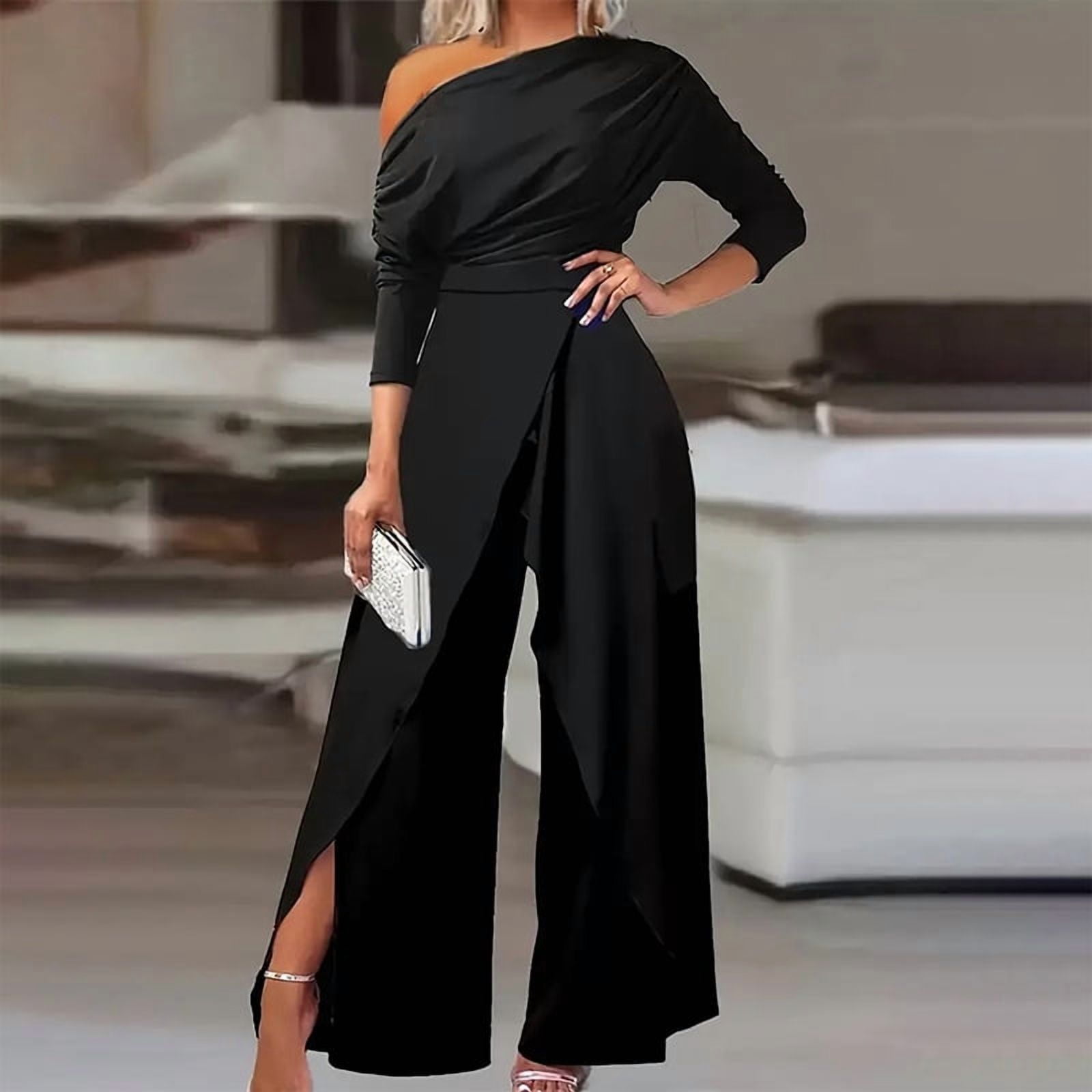 MORTTIC Women's Elegant One-Shoulder Jumpsuit with Long Sleeves \u0026 Slit  Pants - Formal \u0026 Party Wide-Leg Romper for Spring/Summer