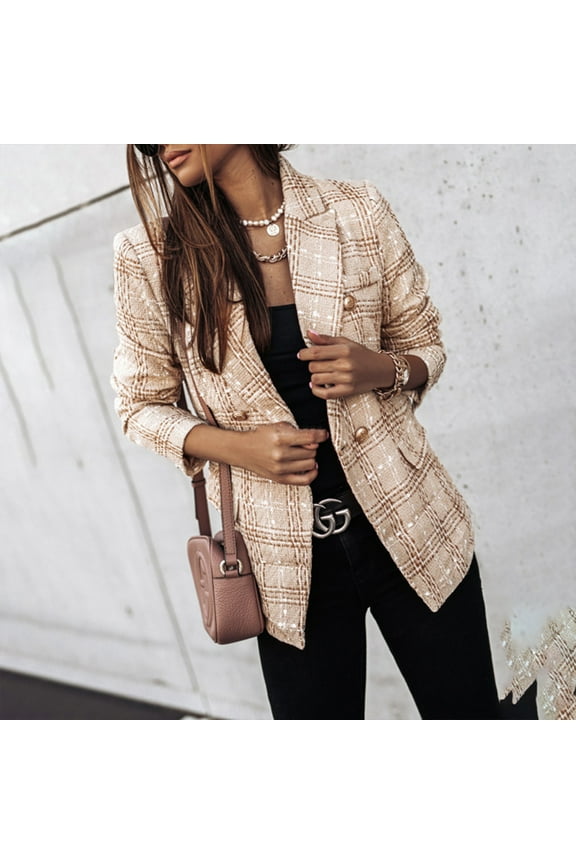 Women's Elegant Plaid Long Sleeve Blazer - Double-Breasted Office Jacket for Spring/Fall, Casual & Professional Suit Coat