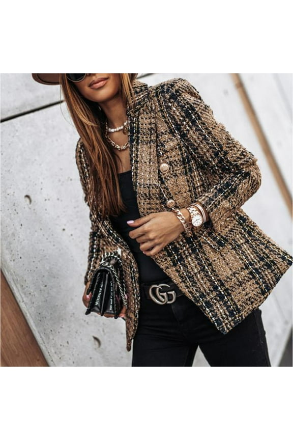 Women's Elegant Plaid Long Sleeve Blazer - Double-Breasted Office Jacket for Spring/Fall, Casual & Professional Suit Coat