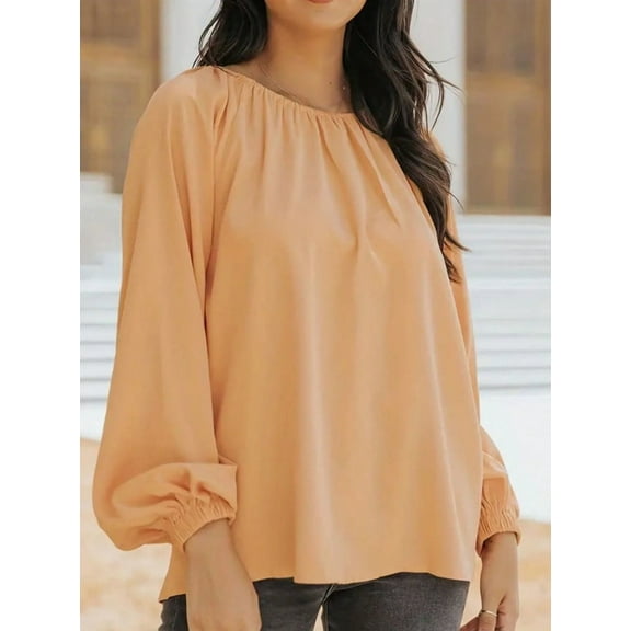 MORTTIC Women's Elegant Pleated Long Sleeve Blouse Chic Crew Neck Lantern Sleeve Top for Office and Casual Wear, S