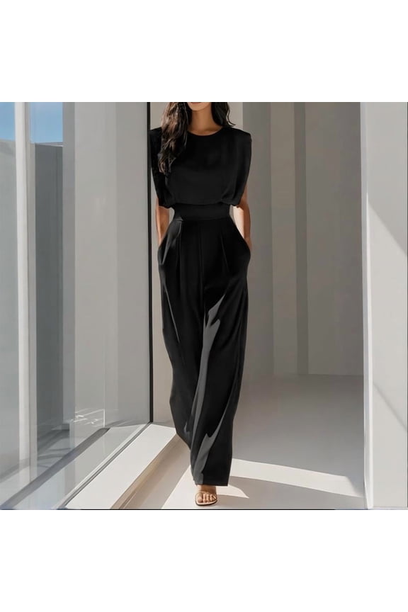 Women's Elegant Pleated Wide-Leg Jumpsuit with Pockets - Crew Neck Short Sleeve Romper Casual to Office Wear for Spring/Summer/Fall