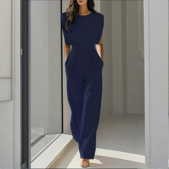 MORTTIC Women's Elegant Pleated Wide-Leg Jumpsuit with Pockets - Crew Neck Short Sleeve Romper Casual to Office Wear for Spring/Summer/Fall
