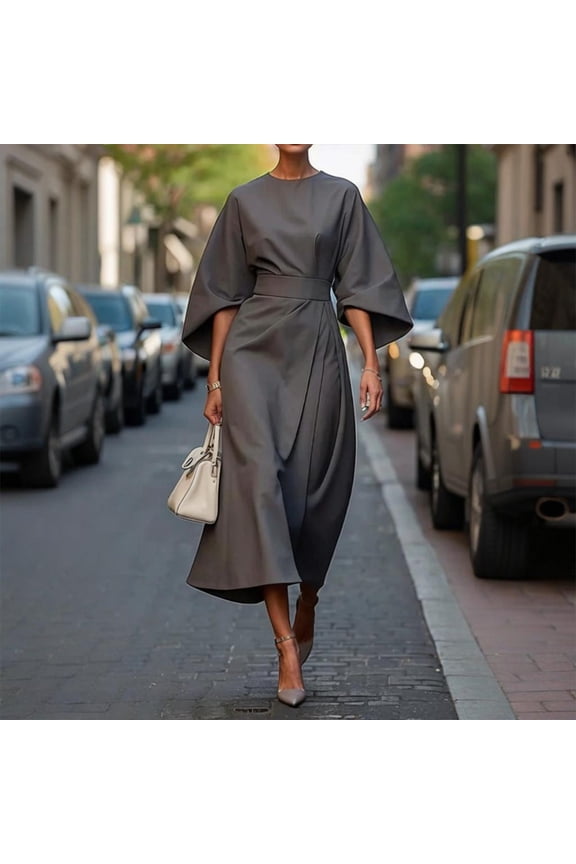 Women's Elegant Round Neck Solid Color Mid-Sleeve Maxi Dress with Waist Accent Ruffle Detail Dark Gray,S