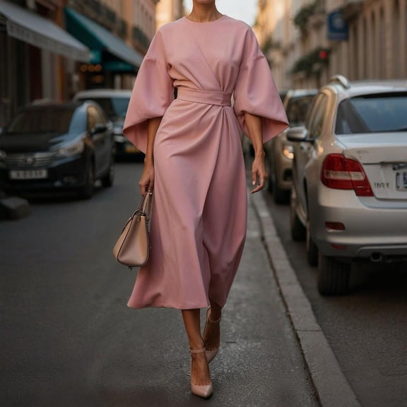 MORTTIC Women's Elegant Round Neck Solid Color Mid-Sleeve Maxi Dress with Waist Accent Ruffle Detail Pink，XXL