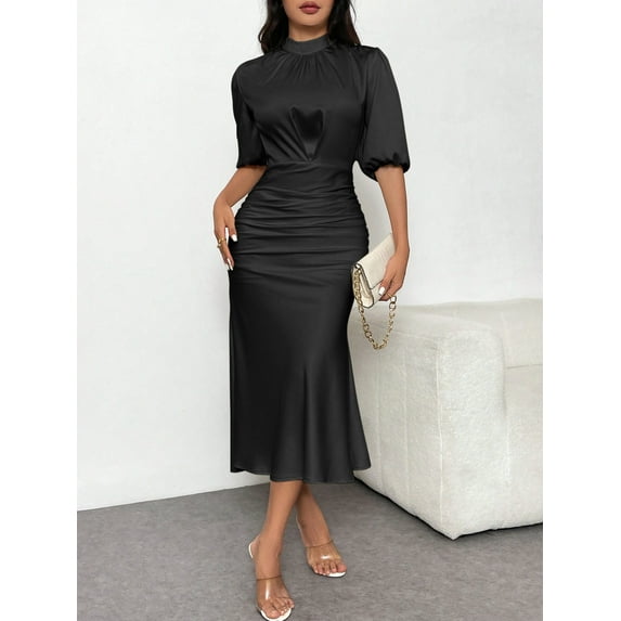 MORTTIC Women's Elegant Ruched Bodycon Midi Dress, Short Sleeve Mock Neck Party Outfit for Club & Evening Events, L