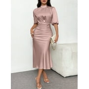 MORTTIC Womens Elegant Ruched Bodycon Midi Dress, Short Sleeve Mock Neck Party Outfit for Club & Evening Events, L