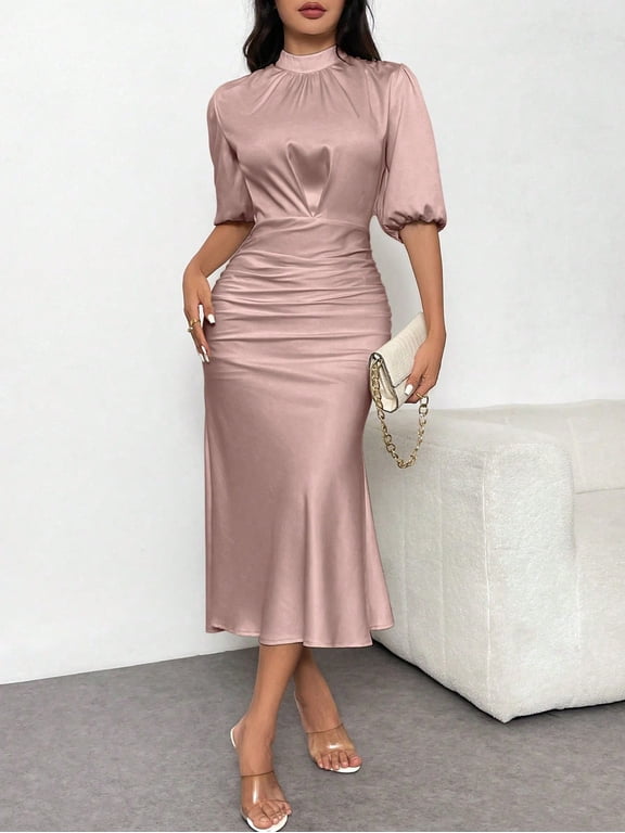 Women's Elegant Ruched Bodycon Midi Dress, Short Sleeve Mock Neck Party Outfit for Club & Evening Events, M