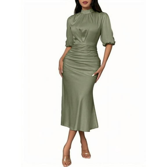 MORTTIC Women's Elegant Ruched Bodycon Midi Dress, Short Sleeve Mock Neck Party Outfit for Club & Evening Events, S