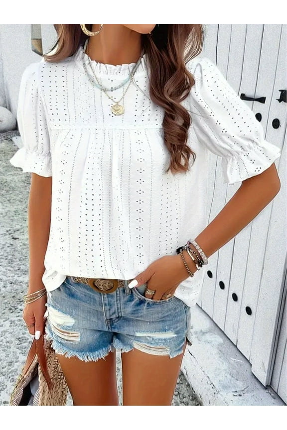Women's Elegant Ruffle Detail Blouse Short Sleeve Round Neck Top for Summer, Perfect for Office, Casual Outings, and Elegant Daily Wear