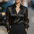 thumbnail image 1 of MORTTIC Women's Elegant Satin Blouse - Classic Lapel Collar Sheer Long Sleeves Button-Down Shirt for Office Black，S, 1 of 4