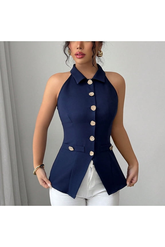 Women's Elegant Sleeveless Button Front Vest - Slim Fit Lapel Collar Top for Spring/Summer