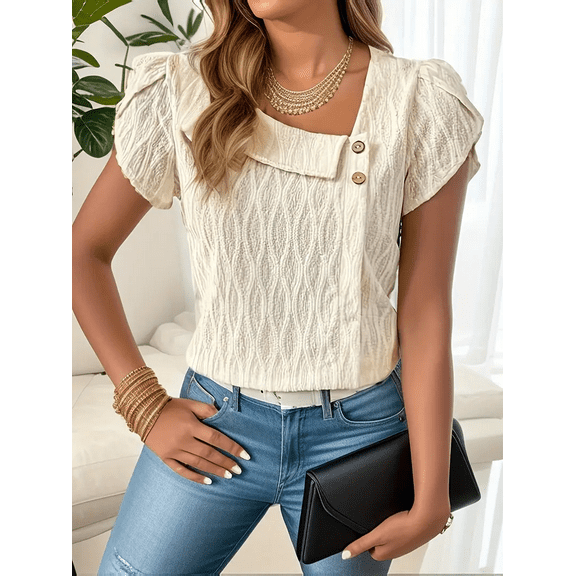 MORTTIC Women's Elegant Solid Color Asymmetrical Neck Petal Sleeve Short Sleeve Blouse Top, S