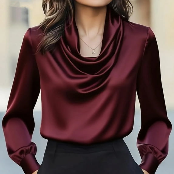 MORTTIC Women's Elegant Solid Color Blouse with Draped Cowl Neck Long Sleeve Ruffle Shirt for Office Wear Wine Red,XL