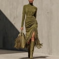 thumbnail image 1 of MORTTIC Women's Elegant Solid Color Fringe Dress – High Neck Cinched Waist Side Slit Vintage Western Style Fall/Winter Dress Olive Green，S, 1 of 4