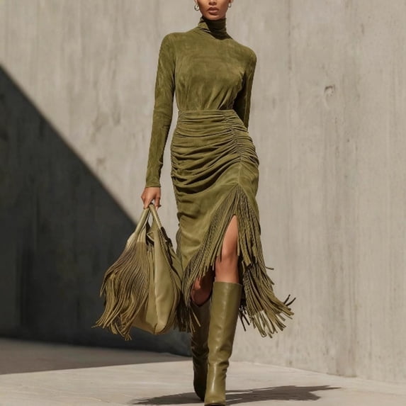 MORTTIC Women's Elegant Solid Color Fringe Dress – High Neck Cinched Waist Side Slit Vintage Western Style Fall/Winter Dress Olive Green,S