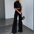 thumbnail image 1 of MORTTIC Women's Elegant Solid Color Half Sleeve Short Top with Straight Leg Pants 2-Piece Set Pocket Detail Black，S, 1 of 3