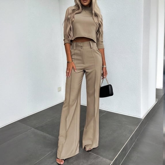 MORTTIC Women's Elegant Solid Color Half Sleeve Short Top with Straight Leg Pants 2-Piece Set Pocket Detail Khaki,L