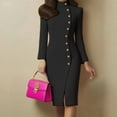 thumbnail image 1 of MORTTIC Women's Elegant Solid Color Long Sleeve Stand Collar Bodycon Midi Dress with Gold Buttons Side Slit Black，XL, 1 of 9