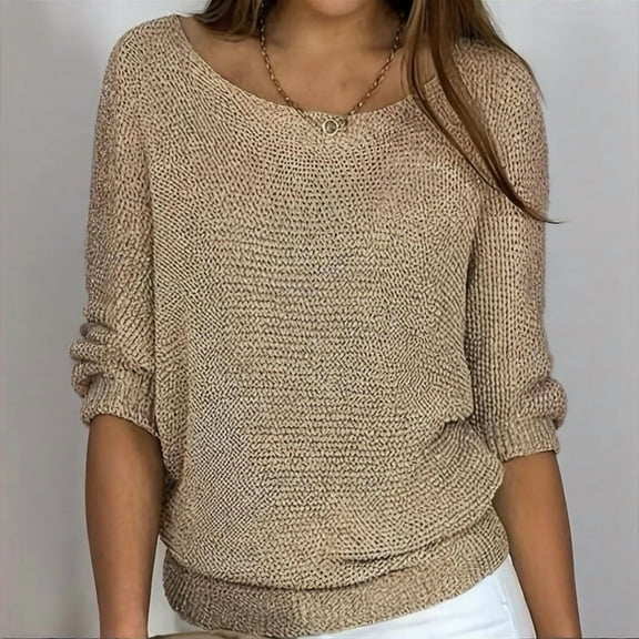 MORTTIC Women's Elegant Solid Color Round Neck Long Sleeve Knit Sweater Fall Spring Casual Basic Top Khaki，XXL