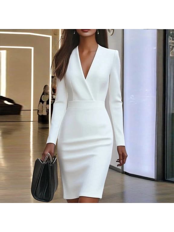 Women's Elegant Solid Color V-Neck Office & Formal Long Sleeve Bodycon Midi Dress For Spring Summer White,L