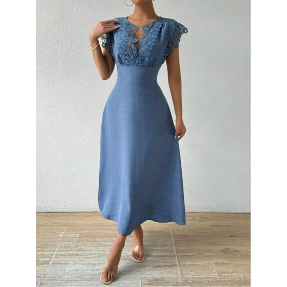 MORTTIC Women's Elegant Solid V-Neck Lace Short Sleeve Maxi Dress - Perfect for Spring & Summer Casual or Formal Events