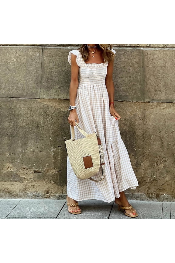 Women's Elegant Square Neck A-Line Dress - Lightweight Gingham Print, Ruffled Sleeves & Hem