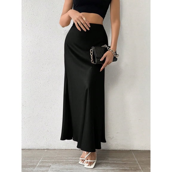 MORTTIC Women's Elegant Summer Midi Satin Skirt High-Waisted A-Line Flowing Ruffle Skirt