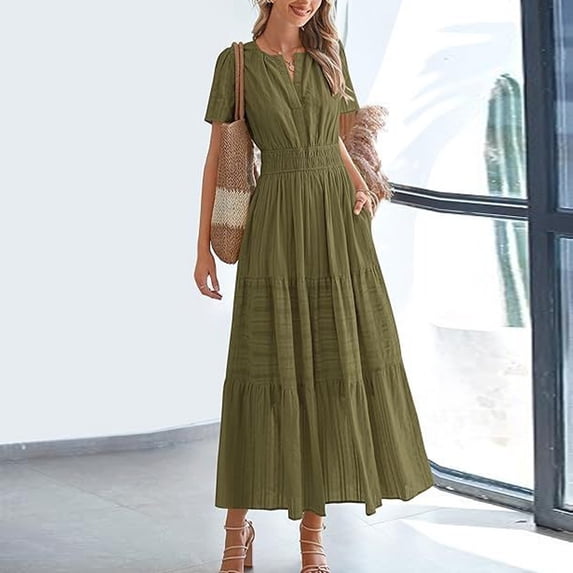MORTTIC Women's Elegant V-Neck A-Line Short Sleeve Dress, Solid Color Pleated Maxi Dress for Spring/Summer Army Green，S